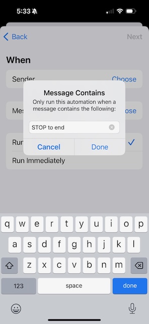 Automation When Message Contains screen