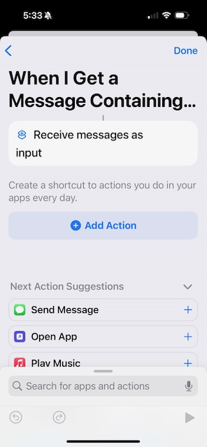When I Get a Message Containing... Add Action screen