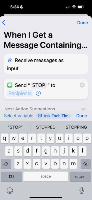 Send Message Action screen