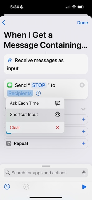 Send Message Recipients Shortcut Input